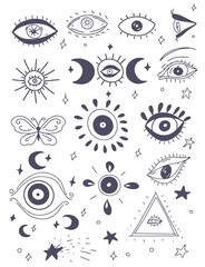 Eyes magic hand drawn on a white background set of cute pictures cartoon stars moon mysticism tarot astrology