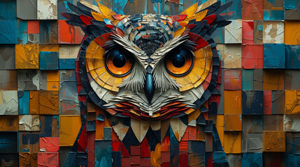 A colorful owl made of paper is the main focus of the image - obrazy, fototapety, plakaty