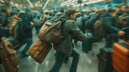 A man is running through a crowd of people with luggage