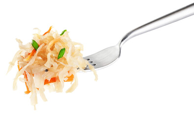 Sauerkraut with carrots and green onion on a fork isolated on white background. With clipping path.