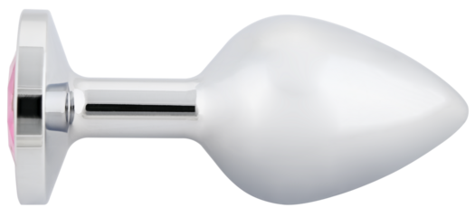 Stainless steel anal butt plug with a pink crystal isolated on a transparent background.