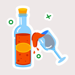 Trendy flat sticker of wine bottle and glass 