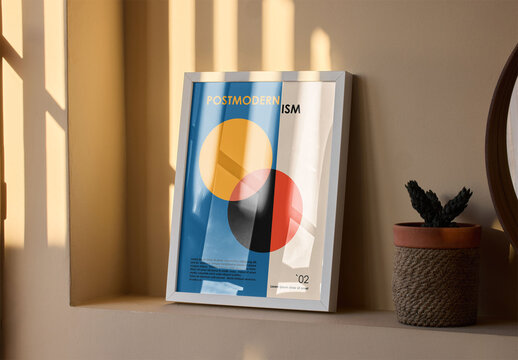 Mockup of customized vertical poster frame by window
