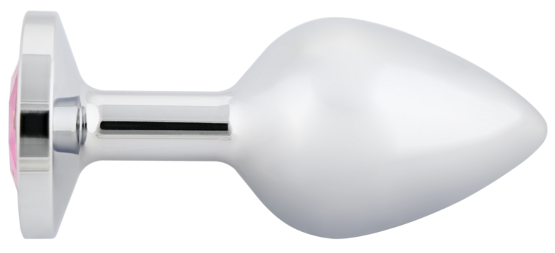 Stainless steel anal butt plug with a pink crystal isolated on a transparent background.