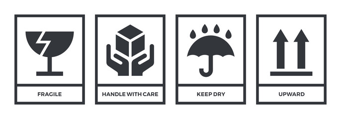 Fragile. Handle with care. Keep away from water. This side up. Packaging symbols. Icon set. - 779525921