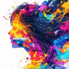 A woman's head is painted with a rainbow of colors