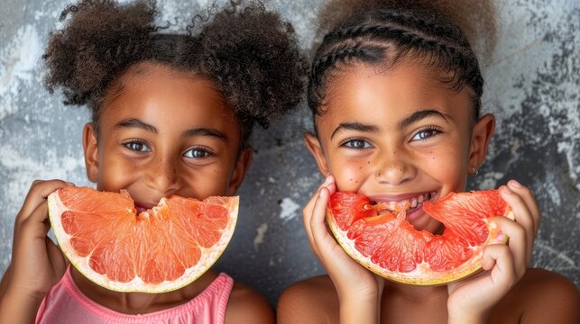 Two young girls are holding a watermelon slice and smiling
