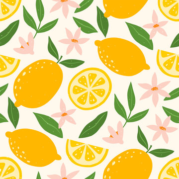 Tropical summer seamless pattern with lemons, leaves and flowers. Citrus fruit background. Modern trendy design for paper, cover, fabric. Vector illustration.