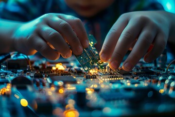 A child is working on a circuit board - obrazy, fototapety, plakaty