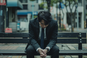 Solace in Solitude. A Japanese businessman sits alone, head bowed in a moment of introspection, on a city bench in the quiet of early morning