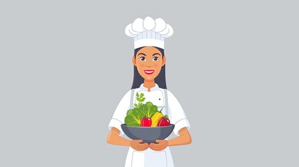 A woman chef is holding a bowl of vegetables