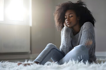 A black woman sits on the bedroom floor, struggling with depression, anxiety, and stress. The image raises awareness of mental health disorders. - obrazy, fototapety, plakaty