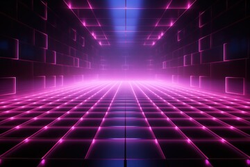 magenta light grid on dark background central perspective, futuristic retro style with copy space for design text photo backdrop - obrazy, fototapety, plakaty