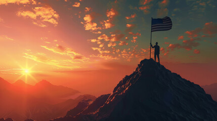 A hand planting a flag on a mountain peak, silhouetted against a breathtaking sunset