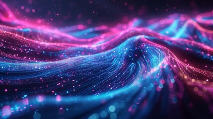 A 3D render of an abstract digital landscape, with neon blue and pink lines streaming across a dark, virtual space. Bokeh lights dot the background, simulating data packets moving at high speed. - obrazy, fototapety, plakaty
