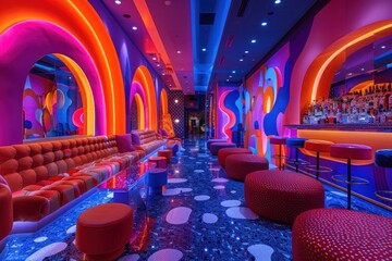Groovy 70s Style Lounge Bar With Retro Seating and Psychedelic Decor