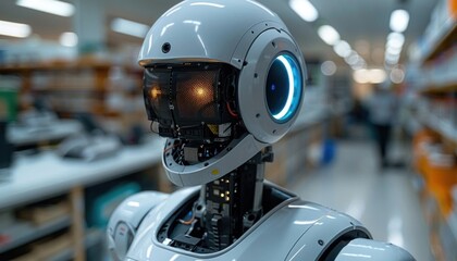 Fototapeta premium Futuristic robot standing in the office near the desk with blurred background