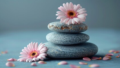 Three smooth gray stones stacked with two pink daisies on a blue background