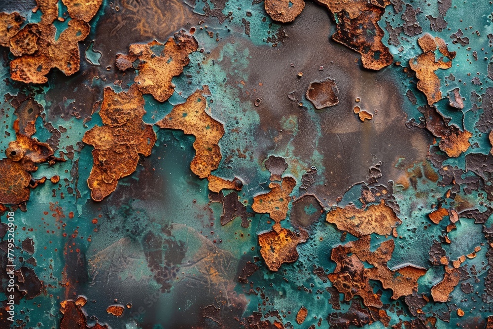 Wall mural A close-up texture of aged metal with a vivid pattern of green corrosion and rust, ideal for historical or industrial-themed backgrounds.