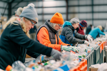 Group of people sorting recyclables on a table in a warehouse.
