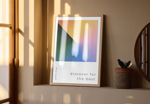 Mockup of vertical poster frame by window, customizable