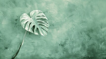 A single Monstera leaf stands out against a textured green concrete wall, offering a minimalist yet bold botanical background.
