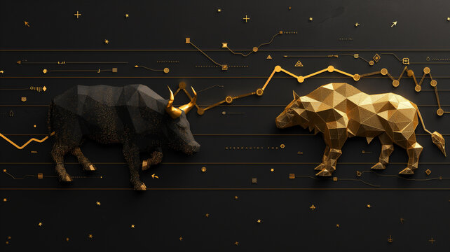 Two gold and black figures of bulls are shown on a black background
