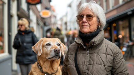 Blind handicapped woman holding cane and walking with trained guide dog golden retriever on street outside city background. Generative ai