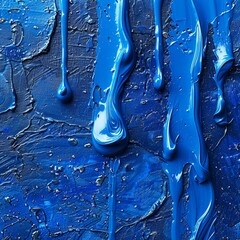 A close-up of a vibrant blue acrylic paint drip on a highly textured paper background, capturing the glossy finish and the intricate paper fibers.