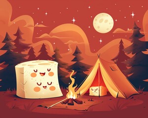 Smore with animated faces, solid red background, beside a camping tent and pine trees, cozy camp vibe