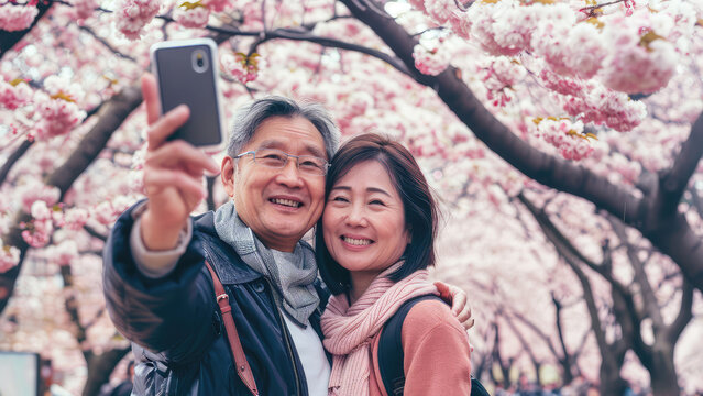 Japanese couple taking selfie in the sakura blooming garden