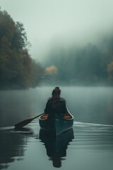 A woman is paddling a canoe on a lake - obrazy, fototapety, plakaty