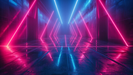 A neon colored room with a blue and pink light