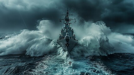 A dramatic image portraying a naval ship facing the raw power of a sea storm, with towering waves and a tempestuous sky. Ideal for themes of challenge, adventure, and resilience. - obrazy, fototapety, plakaty