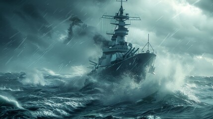 A dramatic image portraying a naval ship facing the raw power of a sea storm, with towering waves and a tempestuous sky. Ideal for themes of challenge, adventure, and resilience. - obrazy, fototapety, plakaty