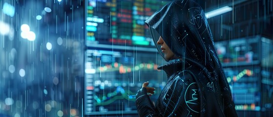 Cryptocurrency trader futuristic cloak - obrazy, fototapety, plakaty