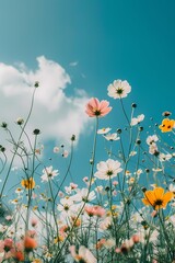 AI generated illustration of yellow and pink daisies thriving beneath a serene blue sky