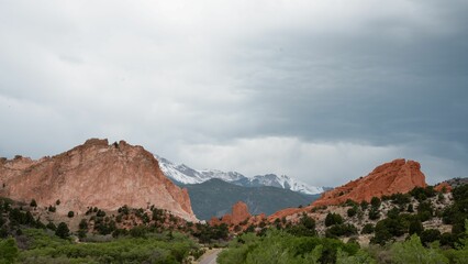 Beautiful landscape of rocks and trees of the Garden of the Gods in Colorado Springs, USA.