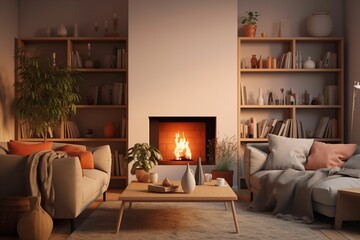 AI generated illustration of a living room featuring a welcoming atmosphere with a cozy fireplace