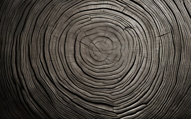 Warm gray cut wood texture. Detailed black and white texture of a felled tree trunk or stump. Rough organic tree rings with close up of end grain