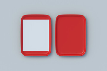 Two plastic food trays with blank white paper sheet on grey background. Empty rectangular salver. Restaurant equipment. Top view. 3d render