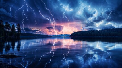 AI generated illustration of dramatic powerful lightning strikes - obrazy, fototapety, plakaty