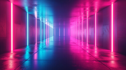 A long, narrow room with neon lights on the walls
