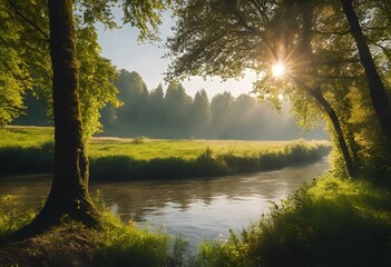 Fototapeta na wymiar the sun rises behind trees over a stream running through a park