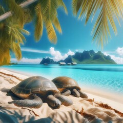 beach with palm trees and sea turtles