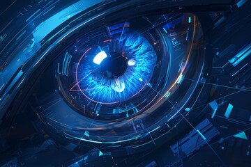 Digital eye with futuristic technology elements in the background, symbolizing advanced AI vision and machine learning concept. 