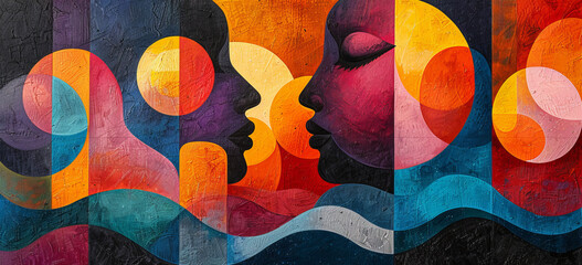 Fototapeta premium A painting of two people with their eyes closed and a blue background