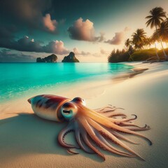 tropical island with a squid