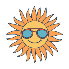 Retro groovy sun in sunglasses. Colorful cartoon psychedelic 60s, 70s style 