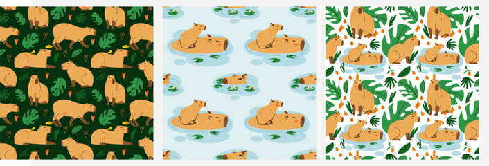 Cute capybara seamless pattern. Funny capibara, adorable exotic animal. South America mammal, tropical leaves background. Textile, wrapping paper, wallpaper design. Print for fabric. Cartoon vector